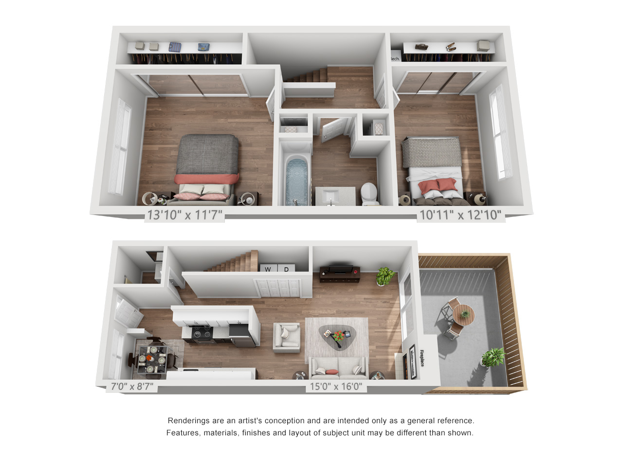 Floor plan for 2 beds, 1.5 baths, 1045 sqft